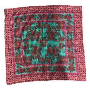 Vintage Turquoise Floral Scarf with Burgundy Accents